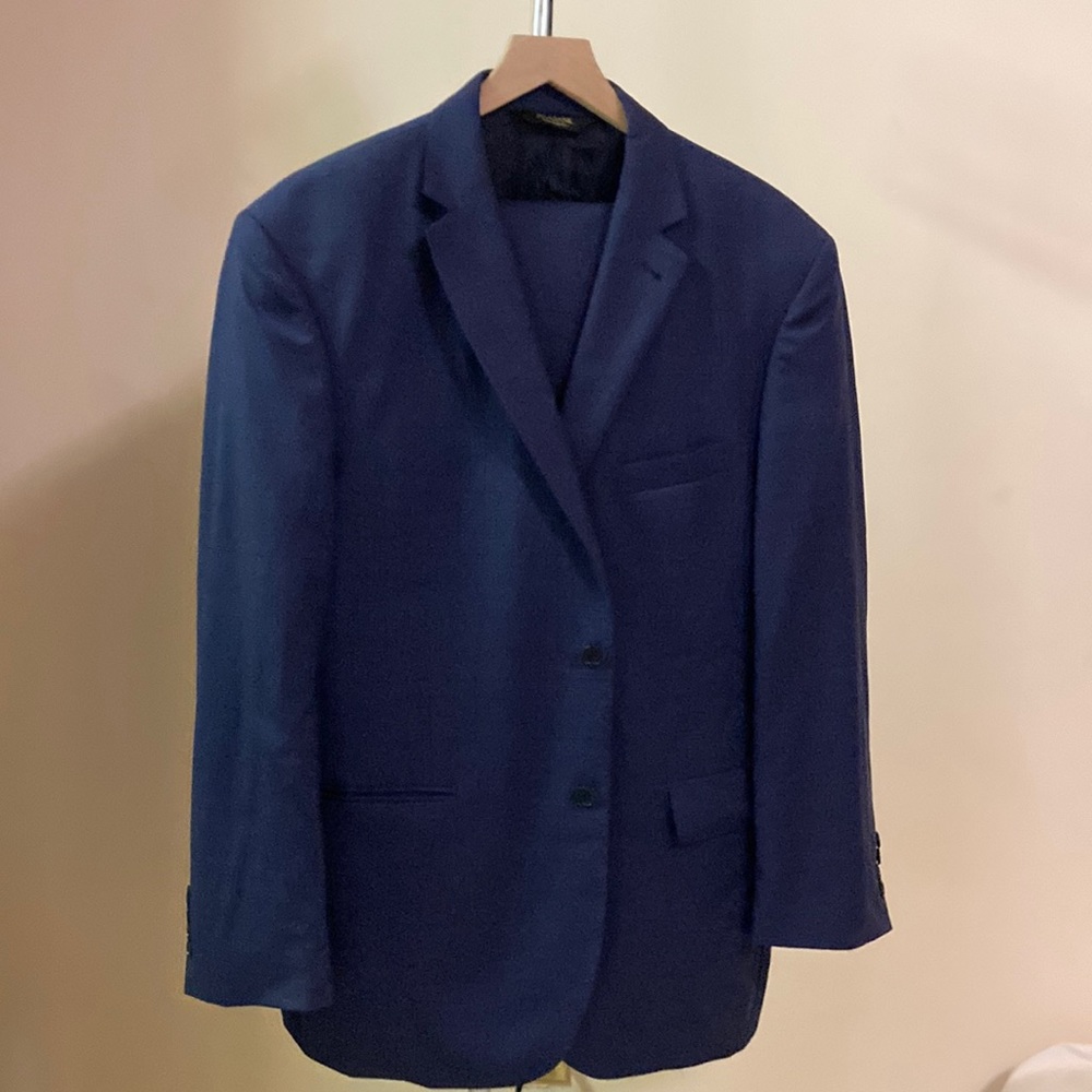 Joseph A Bank Gold Reserve navy windowpane suit